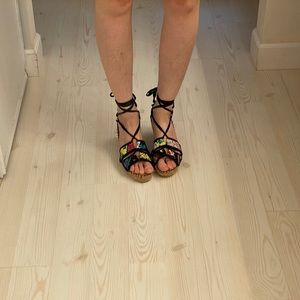 Black yellow espadrilles raffia straw sandals 8